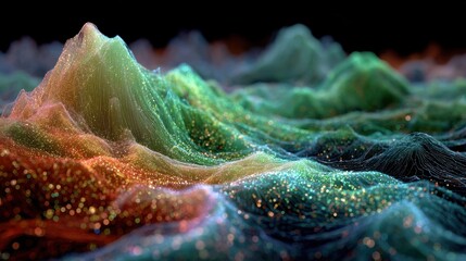 Abstract Landscape Of Glowing Particles And Colorful Waves In Deep Space With Subtle Lighting