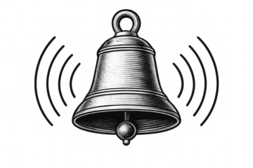 Ringing bell icon vintage engraving style, notification alert sound symbol, classic alarm ringing noise