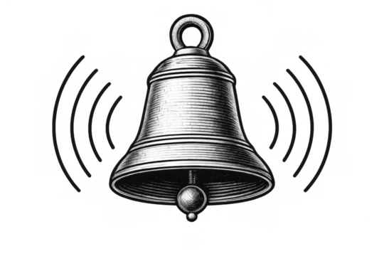 Ringing bell icon vintage engraving style, notification alert sound symbol, classic alarm ringing noise