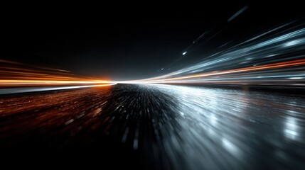 Abstract Streaks Of Light Blur On Wet Road At Night With Orange And Blue Tones