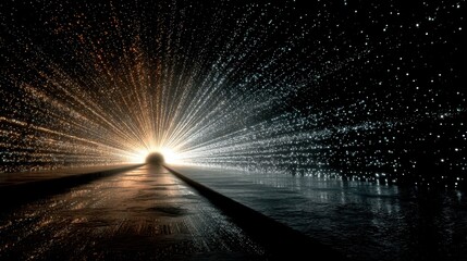 Abstract Tunnel of Light Particles With Golden and Blue Hues Reflecting on Wet Surface