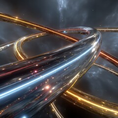 Abstract Digital Network With Intersecting Glowing Trails And Starbursts On Dark Sky