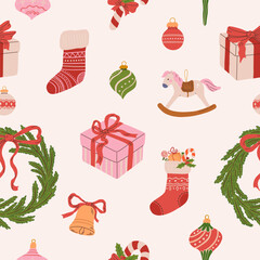 Cute Christmas seamless pattern with stockings, wreaths, gifts, vintage toys and decorations. Xmas festive background. Vector illustration