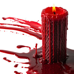 Dripping red candle ignites with molten wax pooling on black