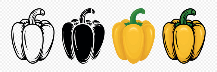Yellow Bell Pepper Set, Vector Illustration. Flat Cartoon Hand Drawn Bell Pepper Icons. Color, Black and White Vegetable Clipart. Food Design Element. Fresh Organic Bell Pepper