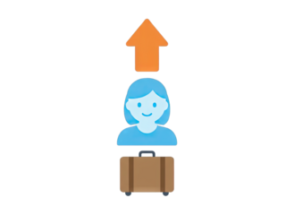 Stylized blue figure with a brown suitcase on a transparent background with an orange upward arrow indicating progress or travel.