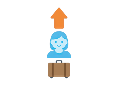 Stylized blue figure with a brown suitcase on a transparent background with an orange upward arrow indicating progress or travel.