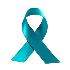 Teal ribbon against black, symbolic of awareness and support
