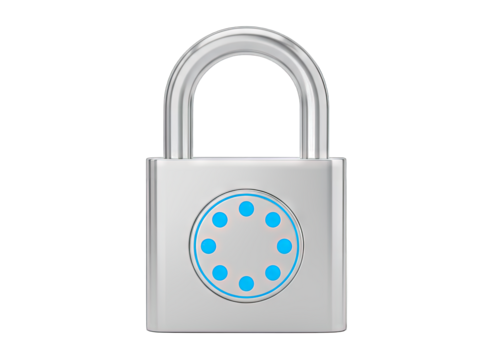 Silver Combination Padlock with Blue Dial Dots and Shiny Metal Texture Isolated on Transparent Background Symbolizing Security and Access Control