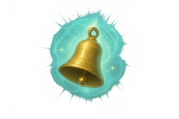 Golden ringing bell icon creating light effect, conveying notification, alert, magic, sound, and a wish for success