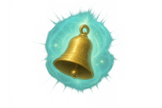 Golden ringing bell icon creating light effect, conveying notification, alert, magic, sound, and a wish for success