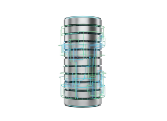 Silver cylinder with blue and green circuit lines against a transparent background representing technology and data flow