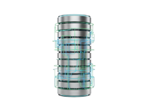 Silver cylinder with blue and green circuit lines against a transparent background representing technology and data flow