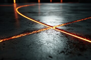 Futuristic Basketball Court With Glowing Orange Lines On A Textured Concrete Floor