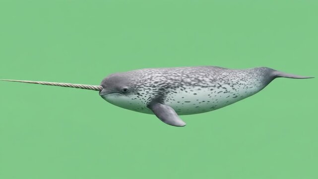 A narwhal swims horizontally, showcasing its distinctive tusk against a solid green background.