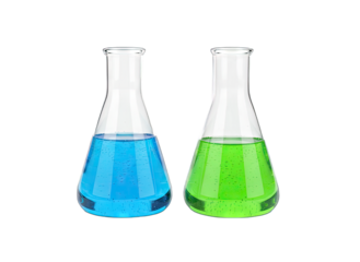 Two Glass Laboratory Flasks Filled With Blue and Green Liquids Side By Side on a Transparent Background