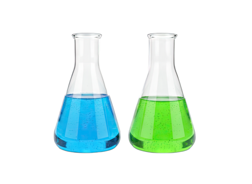 Two Glass Laboratory Flasks Filled With Blue and Green Liquids Side By Side on a Transparent Background