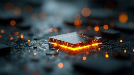 Glowing Orange Microchip Circuit Board With Blurry Background And Bokeh Lights