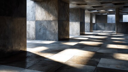 Sunlight Streaming Through Concrete Columns Creating Geometric Shadows Indoors