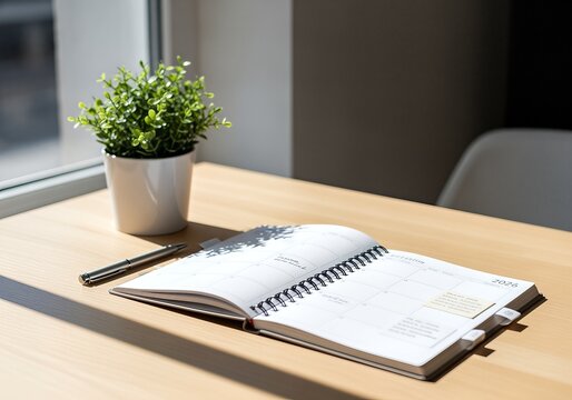 Desk with notebook, pen, and plant in natural light.