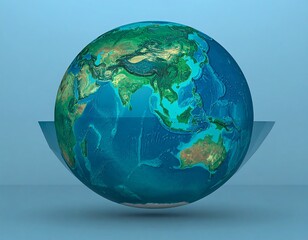 A 3D rendering shows Earth, with highlighted terrain, floating above a blue background