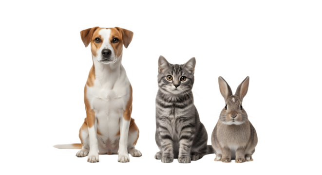 Adorable dog cat and rabbit sitting together looking at the camera.