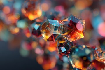 Abstract Geometric Crystal Cluster With Blurry Colorful Bokeh Lights In Deep Space