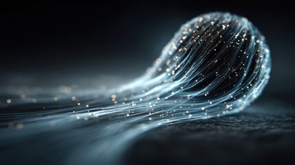 Abstract glowing particle trail forming a sphere with digital data streams on dark background 8k high fidelity