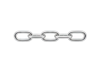 Three interconnected silver metallic chain links displayed horizontally against a black background with subtle rainbow reflections on the surface creating a modern abstract design