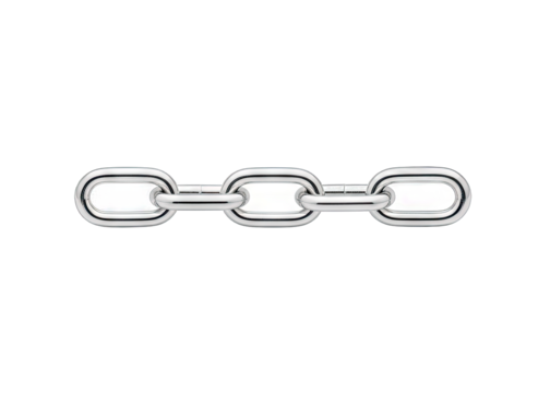 Three interconnected silver metallic chain links displayed horizontally against a black background with subtle rainbow reflections on the surface creating a modern abstract design