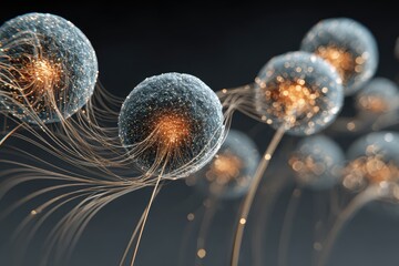 Abstract Glowing Spheres with Connecting Filaments on Dark Background