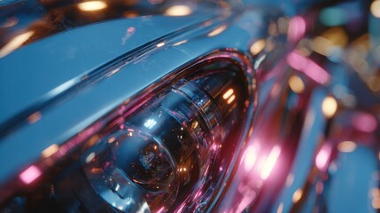 Close Up Of Blue Metallic Car Headlight With Pink And Orange Bokeh Lights In The Background