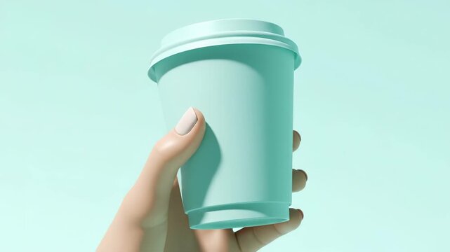 A hand holding a light blue disposable coffee cup against a matching background.