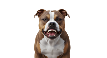 Aggressive brown and white pitbull dog snarling at the camera.