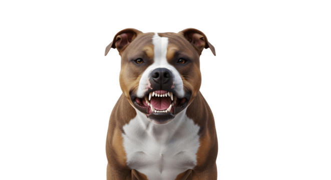 Aggressive brown and white pitbull dog snarling at the camera.