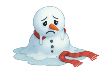 Melting snowman feeling sad, illustrating global warming and climate change impact on winter season