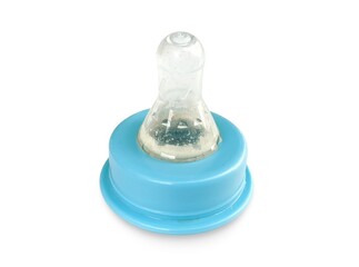 Dirty Baby Bottle Nipple with Visible Milk Stains Isolated on White Background 