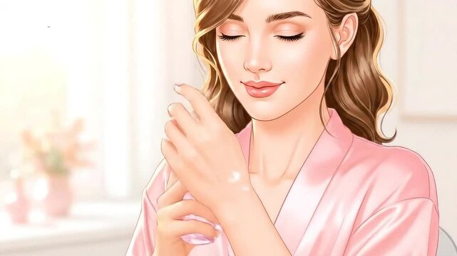 Elegant Woman in Pink Robe Applying Perfume 2D Animation Soft Warm Light Sparkles Loopable on Bright Background