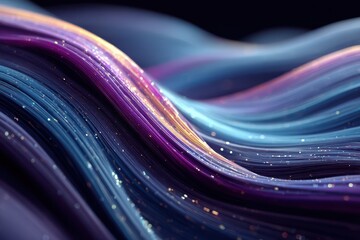 Abstract Digital Waves With Purple Blue And Gold Particles Flowing In Dark Background