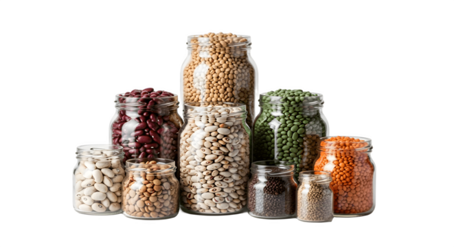 Assortment of Jars Filled With Various Legumes and Grains.