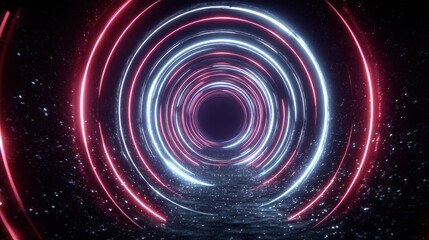 Abstract Neon Light Tunnel With Particles And Glowing Rings Moving Forward Motion Background