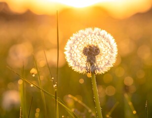 A backlit dandelion head glows against a golden sunrise, with blurred grass