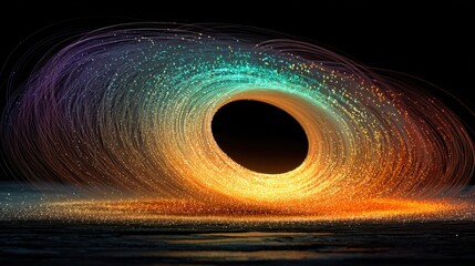Abstract Swirling Light Vortex with Rainbow Hues on Dark Reflective Surface