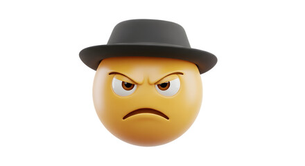 Angry emoji wearing a fedora hat with a stern expression on its face.