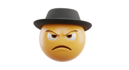Angry emoji wearing a fedora hat with a stern expression on its face.