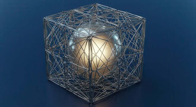 Intricate metallic lattice structure encases a glowing reflective sphere against a dark backdrop - Powered by Adobe