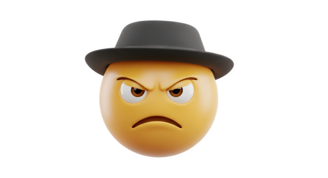 Angry emoji wearing a fedora hat with a stern expression on its face.