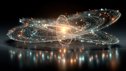 Abstract illustration of particles forming an energy vortex with reflections on the surface