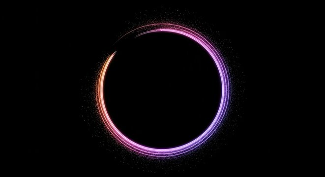 Glowing circular frame element exhibits vibrant color gradient and particle effect against dark background