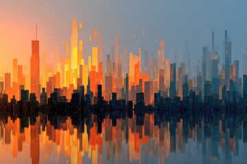 Digital Cityscape at Sunset With Orange Glow and Water Reflection